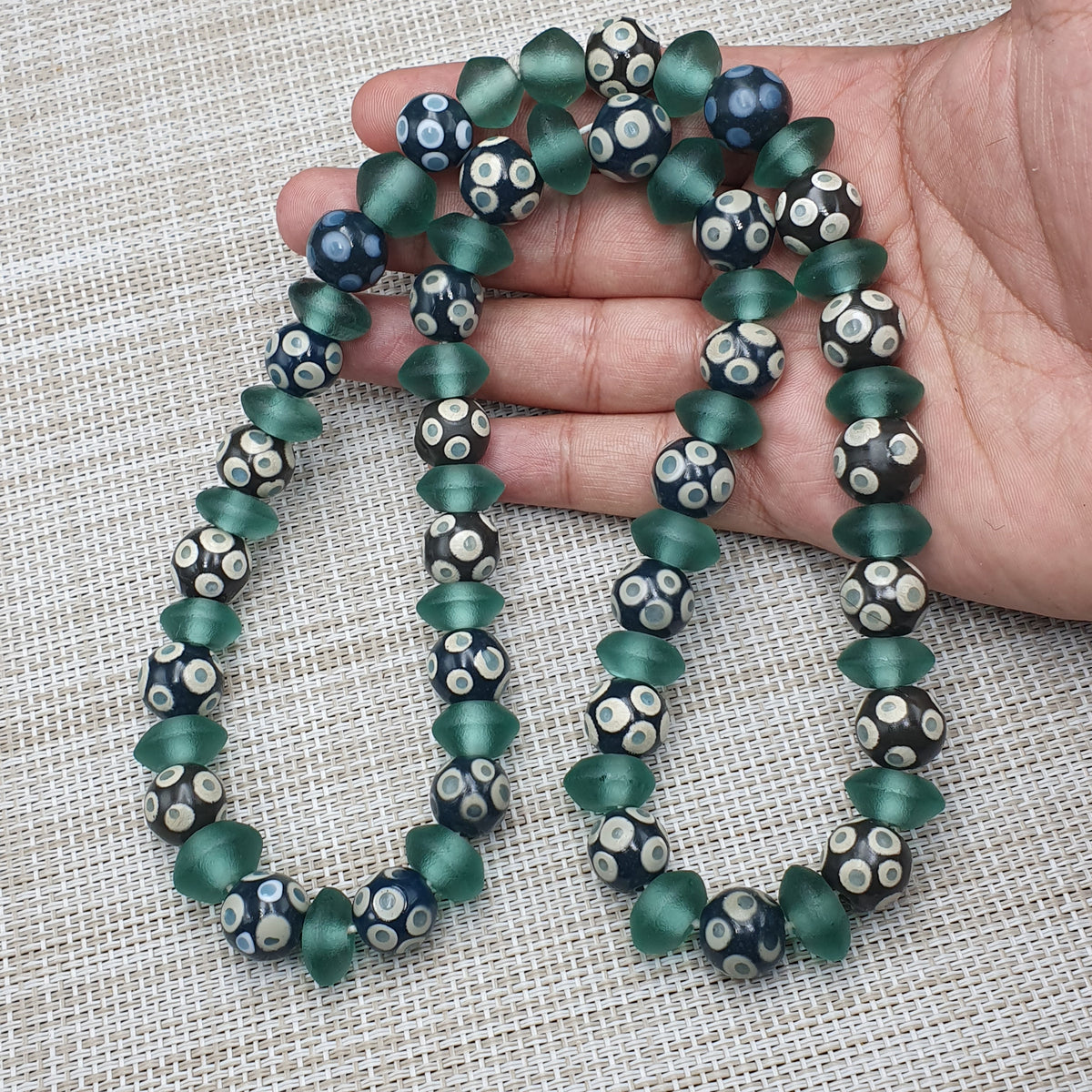Antique Venetian Style Hundred Eyes Glass With Green Glass Beaded Necklace