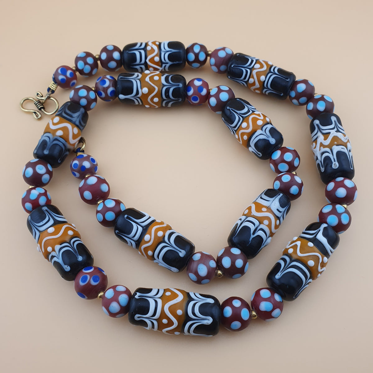 Vintage Venetian Style Skunk & Eyes Glass Beads Necklace 24 inches