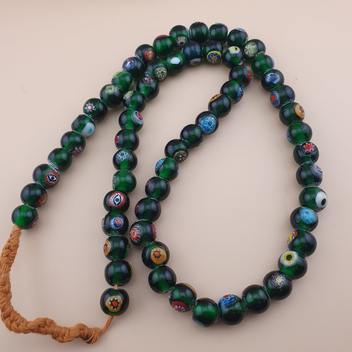Vintage African Eyes Green Glass Beads Necklace 22 inches