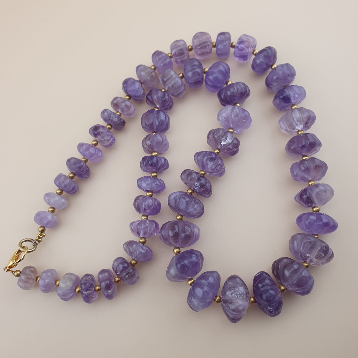 Vintage Amethyst Bead Necklace: Melon Shape Purple Gemstone, 22 Inch