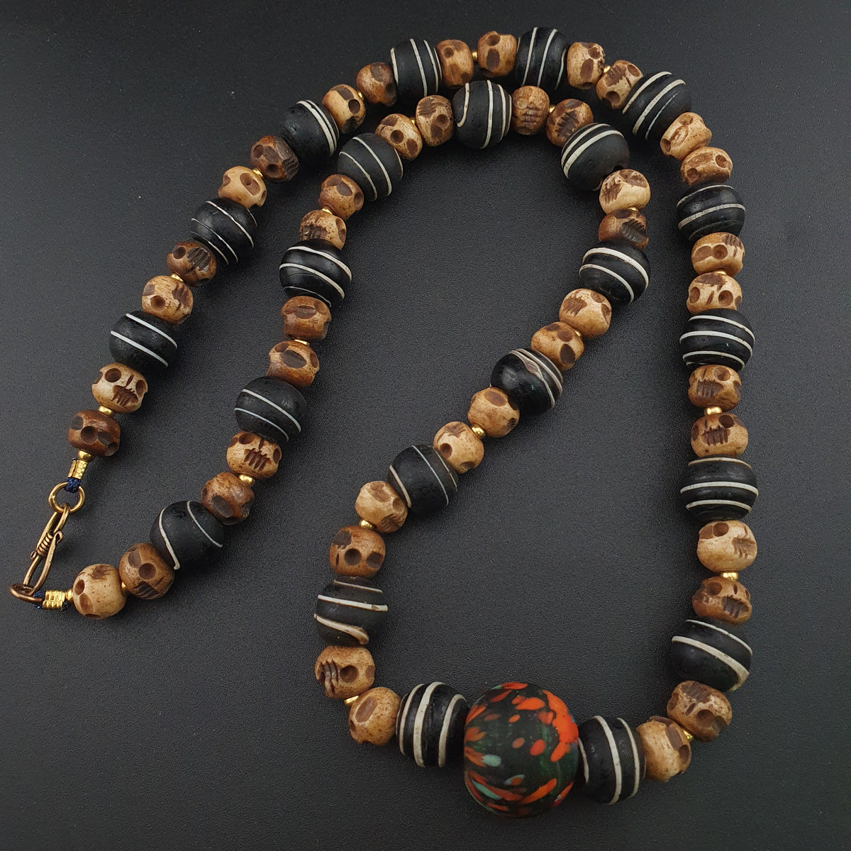 Antique Skull shape Bone & African Style Glass Beads Necklace