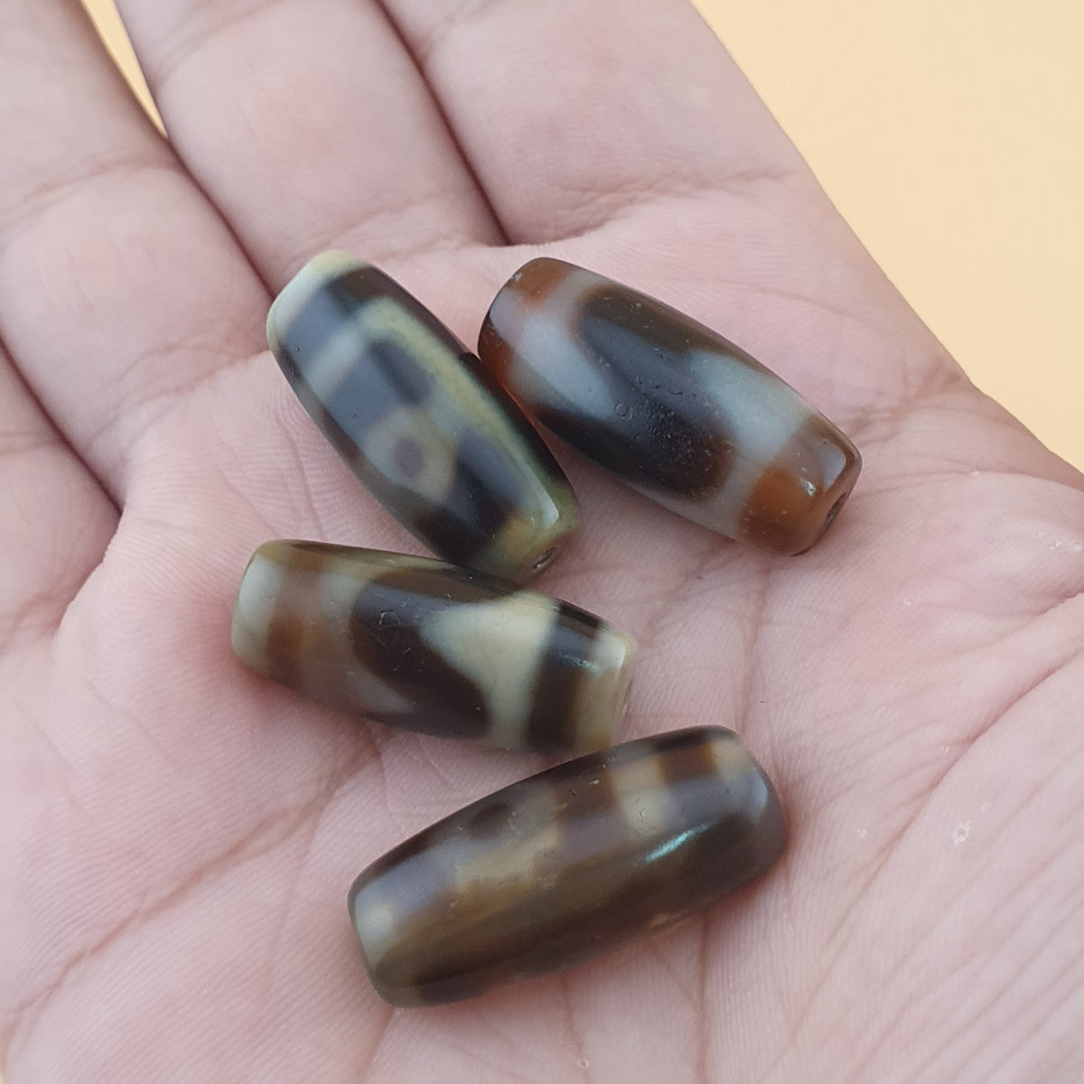 Vintage Himalayan Tibetan 2 Eyes & ZigZag Pattern Agate Bead Lot Of 4