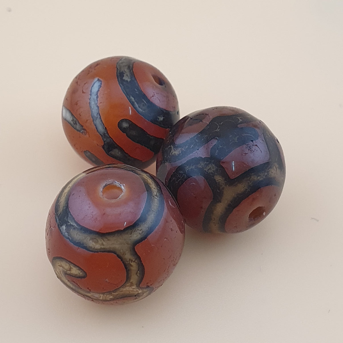 Vintage Lot of 3 Etched Carnelian Agate Unique Pattern Beads Lot