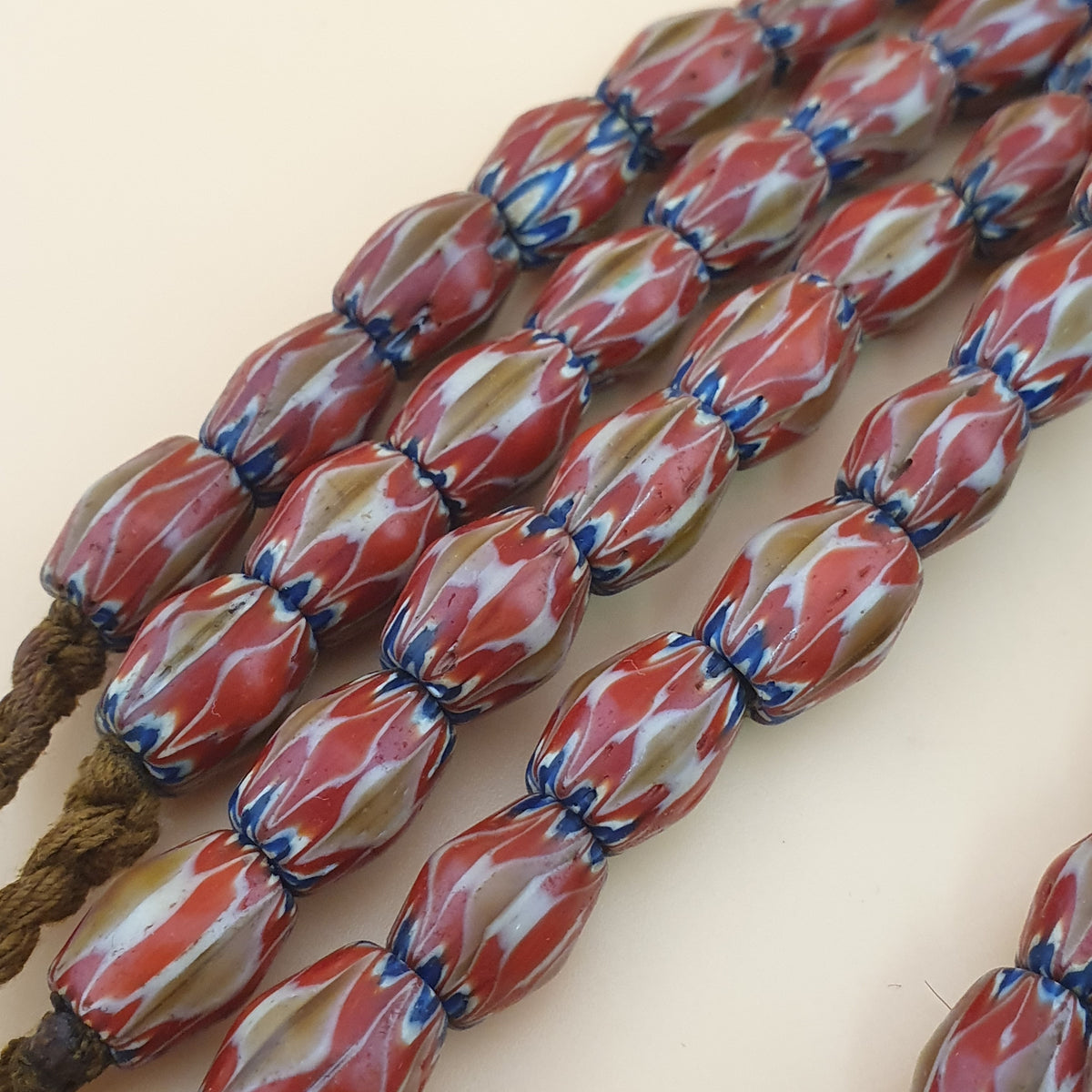 Antique Venetian Style Red & Brown Chevron Glass Beads Strands