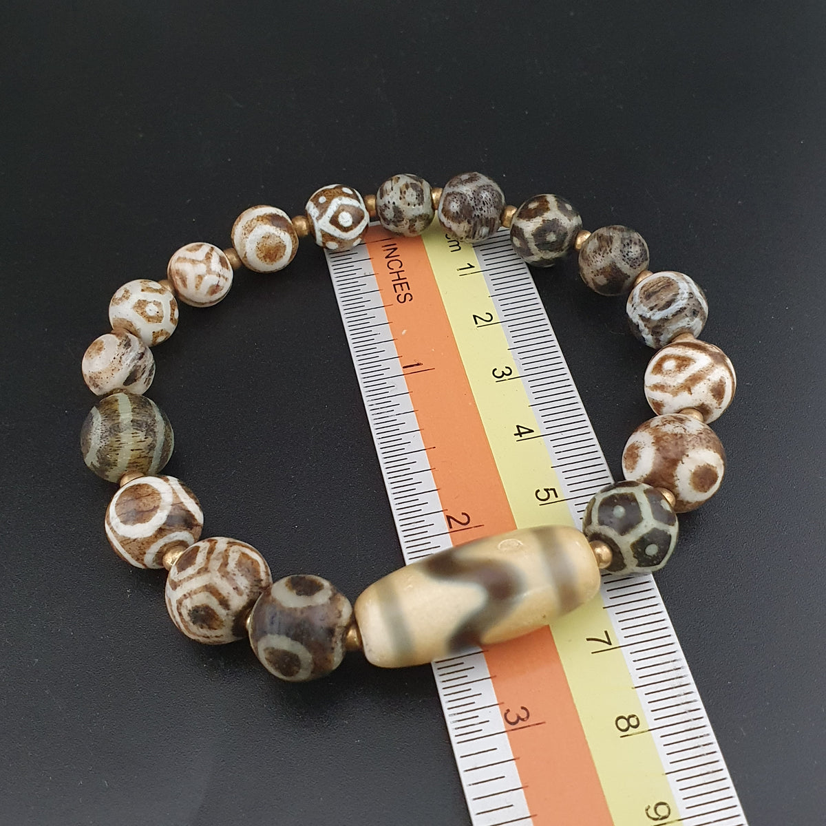 Antikes burmesisches Pumtek-Pyu- & Zickzackmuster-Himalaya-Achat-Perlenarmband