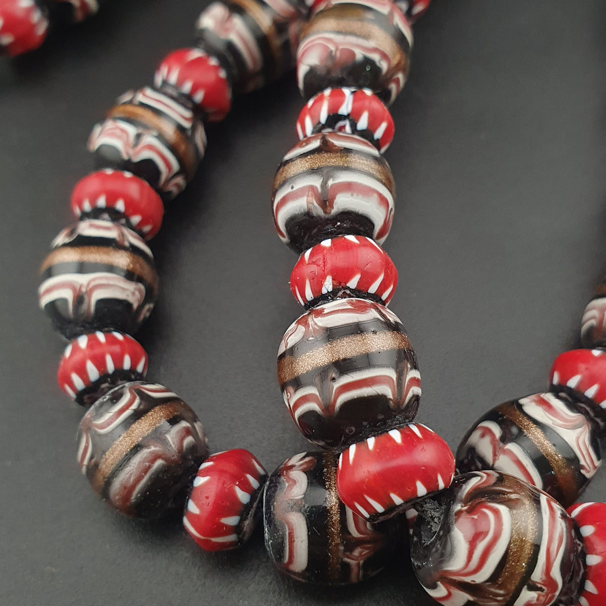 Antique Murano Style Aventurine & Chevron Glass Beads Necklace