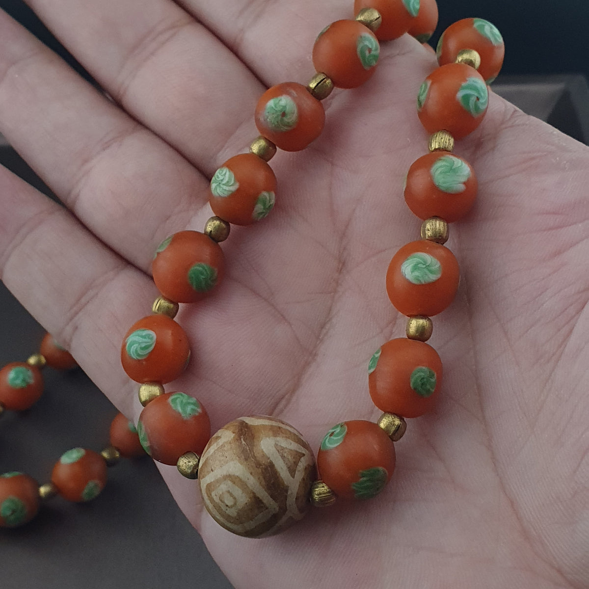 Vintage Venetian Style Orange Floral Glass With pumtek pyu Pendant Necklace