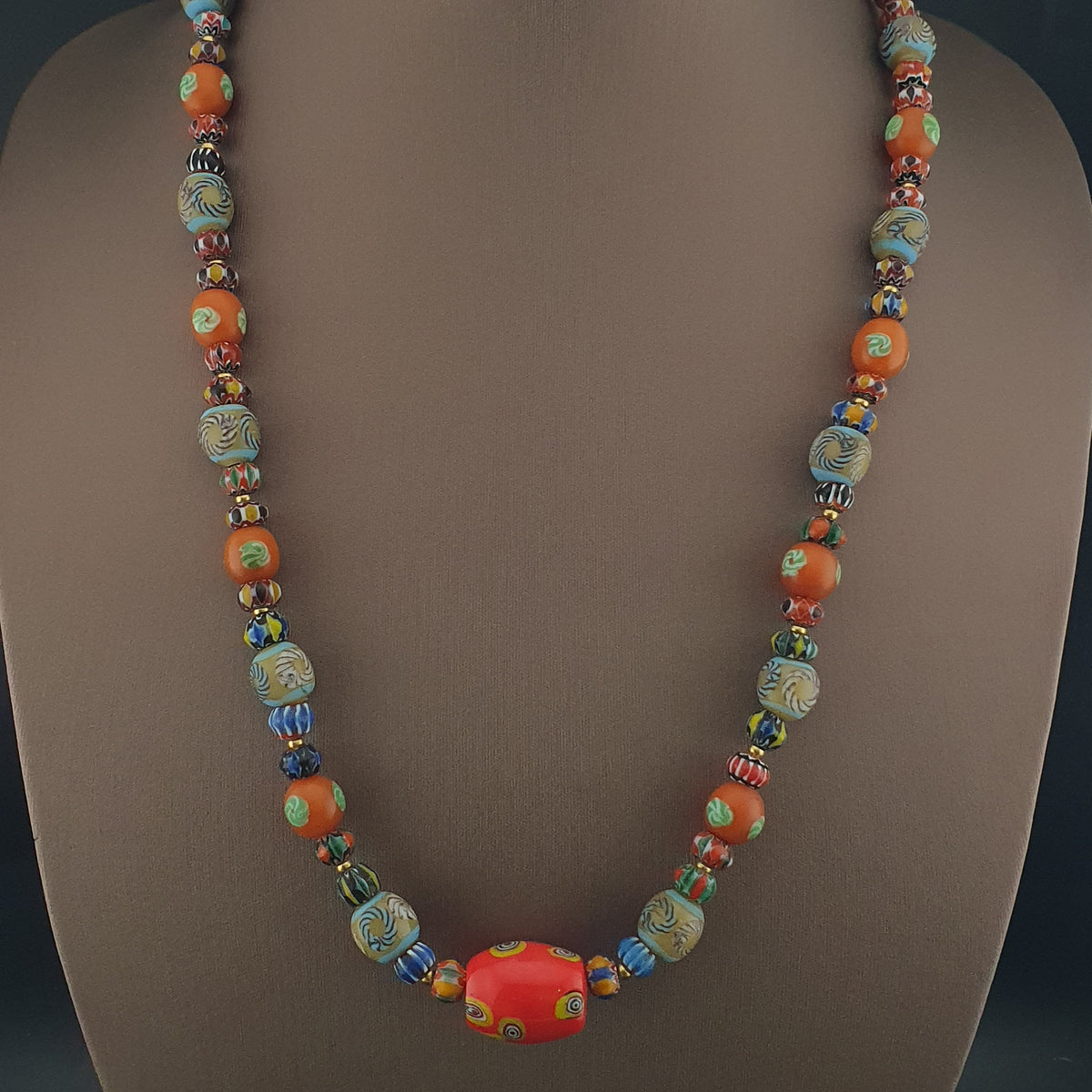 Vintage Venetian Style Floral & Chevorn Glass Beads Necklace