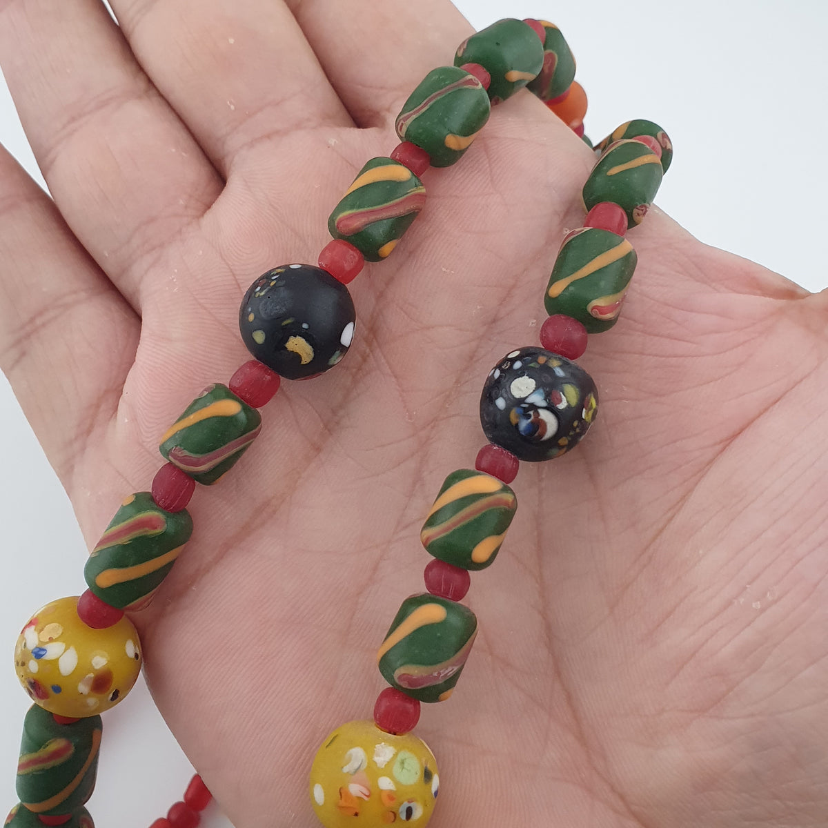 Antique Venetian Style Stripe & Aventurine Glass Beads Necklace