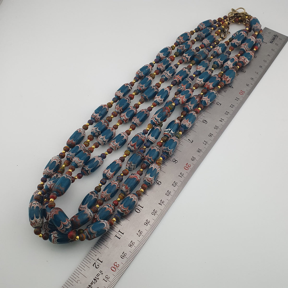 Antique Venetian Style Deep Teal Blue Glass Beads Necklace