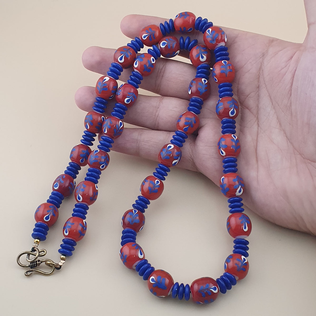 Antique Venetian Style Floral & African tire Shape Blue Glass Beads Necklace