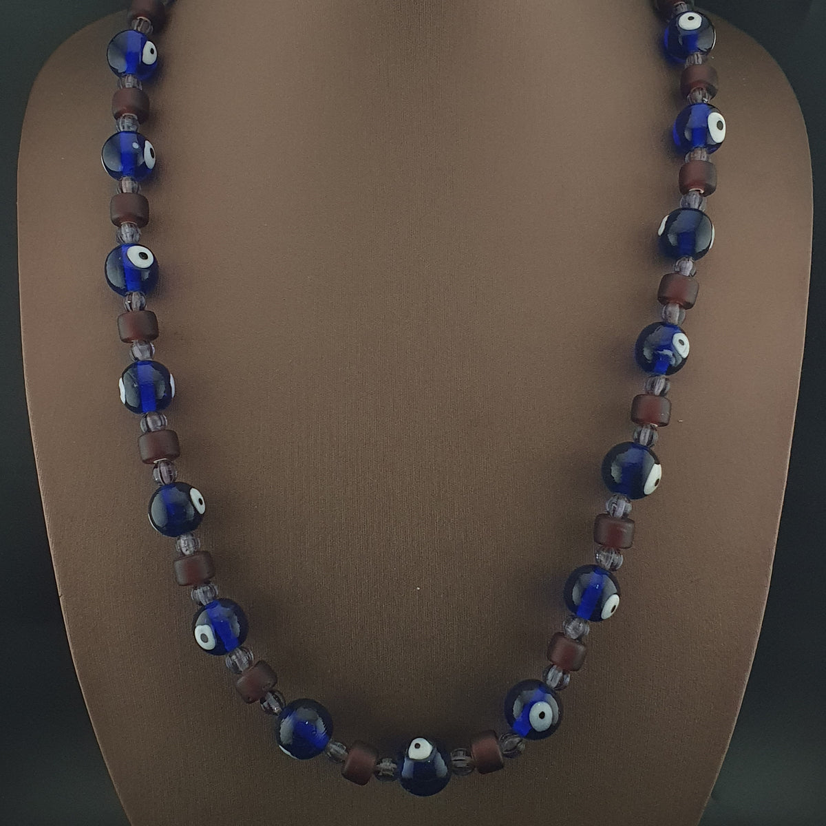 Vintage Venetian Style Evil Eyes & Purple WhiteHeart Glass Beads Necklace