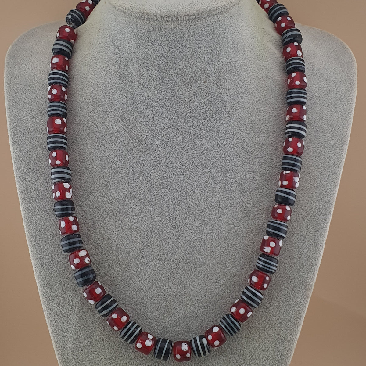 Vintage Venetian Style Black Stripe Glass & Red Dotted Glass Beads Strands