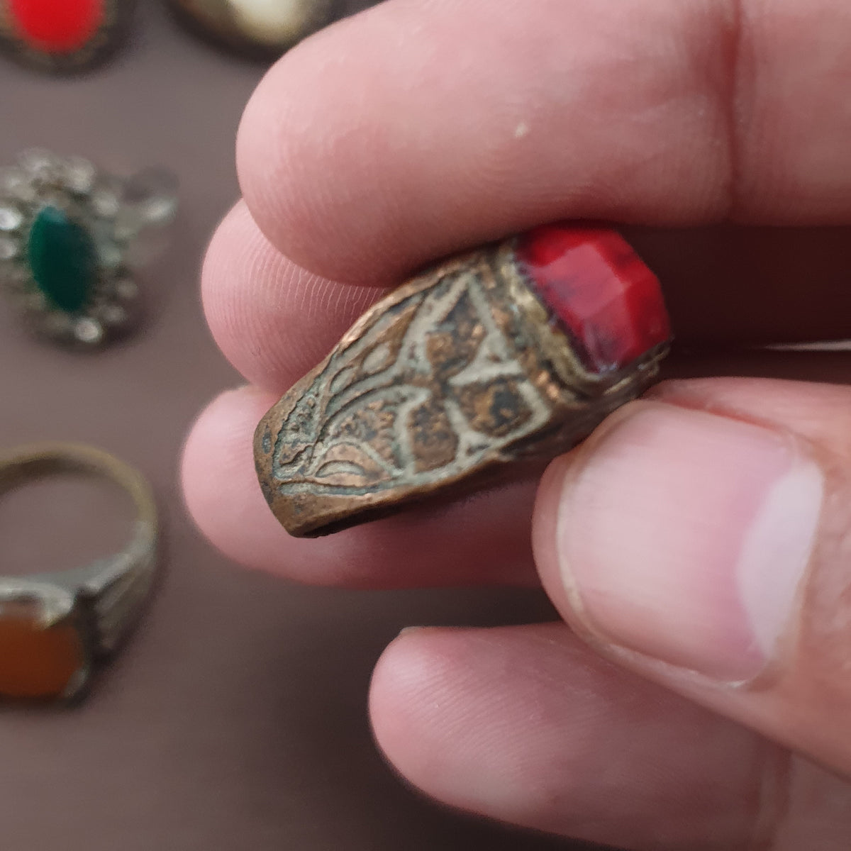 15 Antique Style Brass Rings Mixed Glass & Stone Ring Collection
