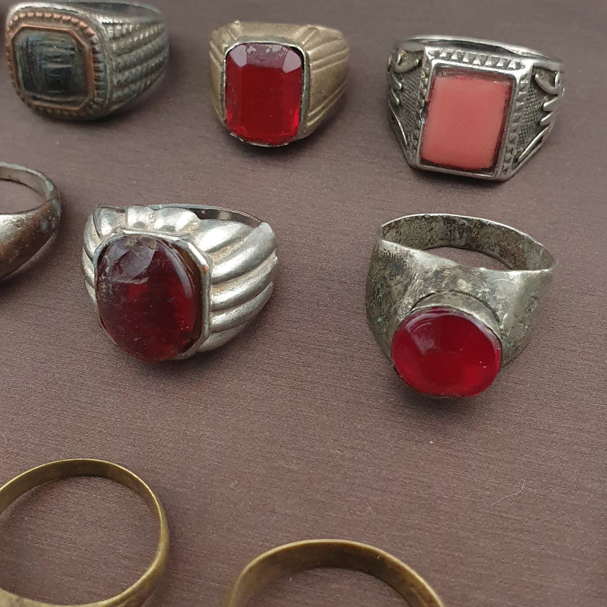 Antique Brass Ring Collection 15 Mixed Handmade Stone & Glass Rings