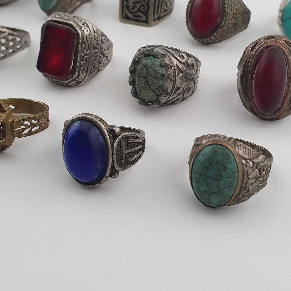 15 Ancient Style Antique Rings Mixed Brass Stone & Glass Collectible Lot