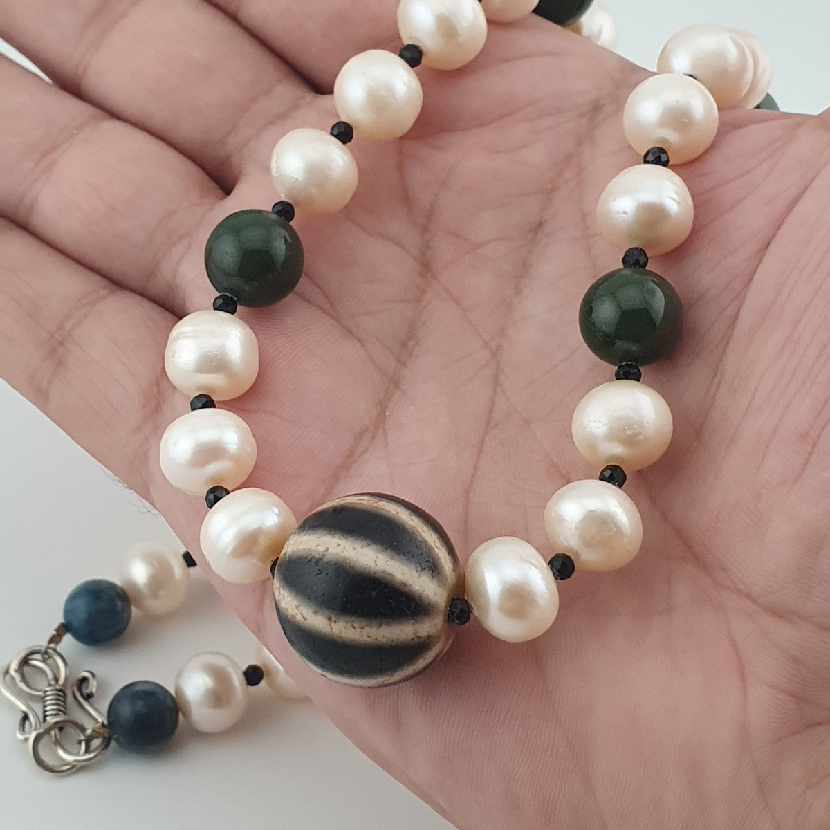 Genuine Freshwater Pearl & Green Jade Statement Necklace with Melon Dzi Pendant