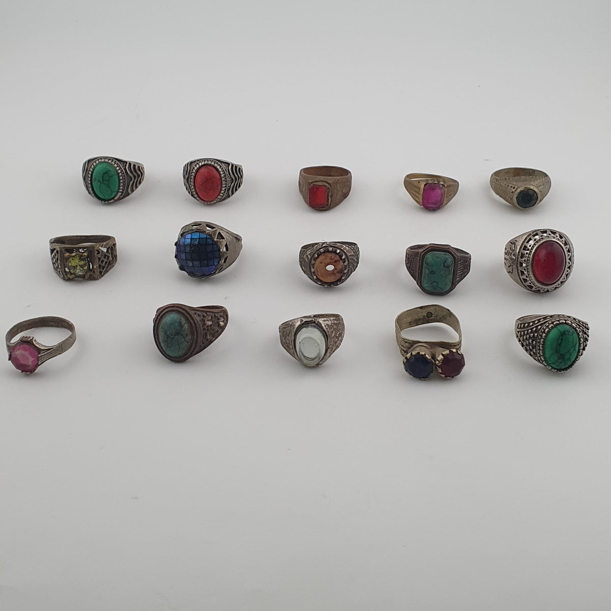 Antique Ring Lot 15 Mixed Brass, Stone & Glass Rings