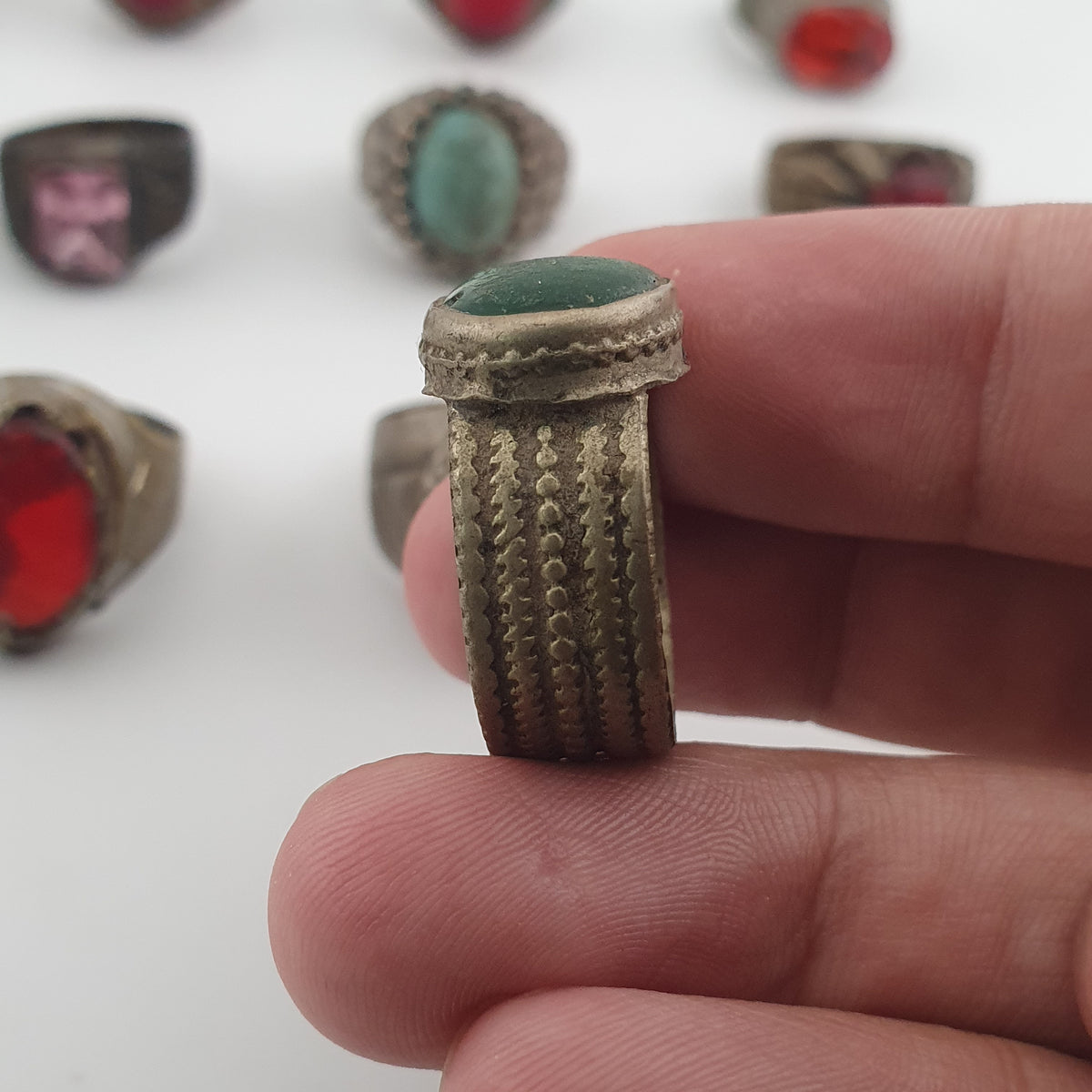 Lot of 15 Antique Tribal Style Brass Rings Mixed Stone & Colourful Glass