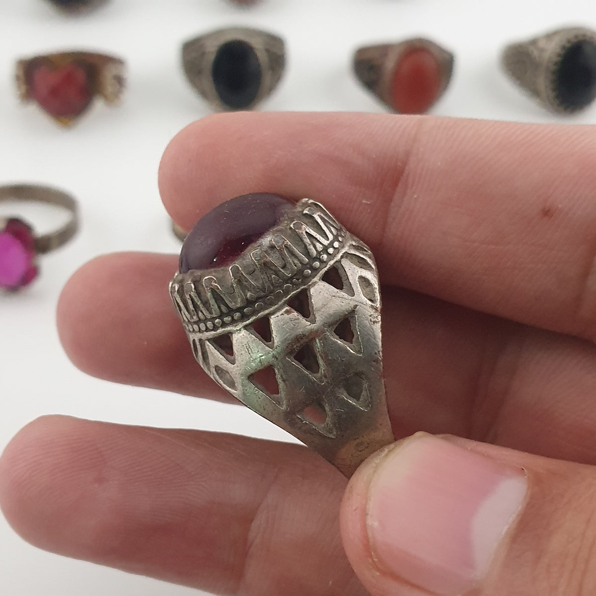 Antique Boho Jewellery 15 Mixed Brass Stone & Glass Rings