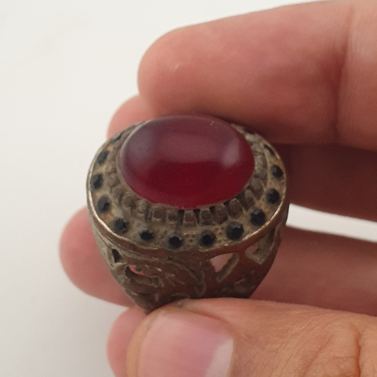 Ancient Brass Red CZ Ring Rustic Collectible Jewellery