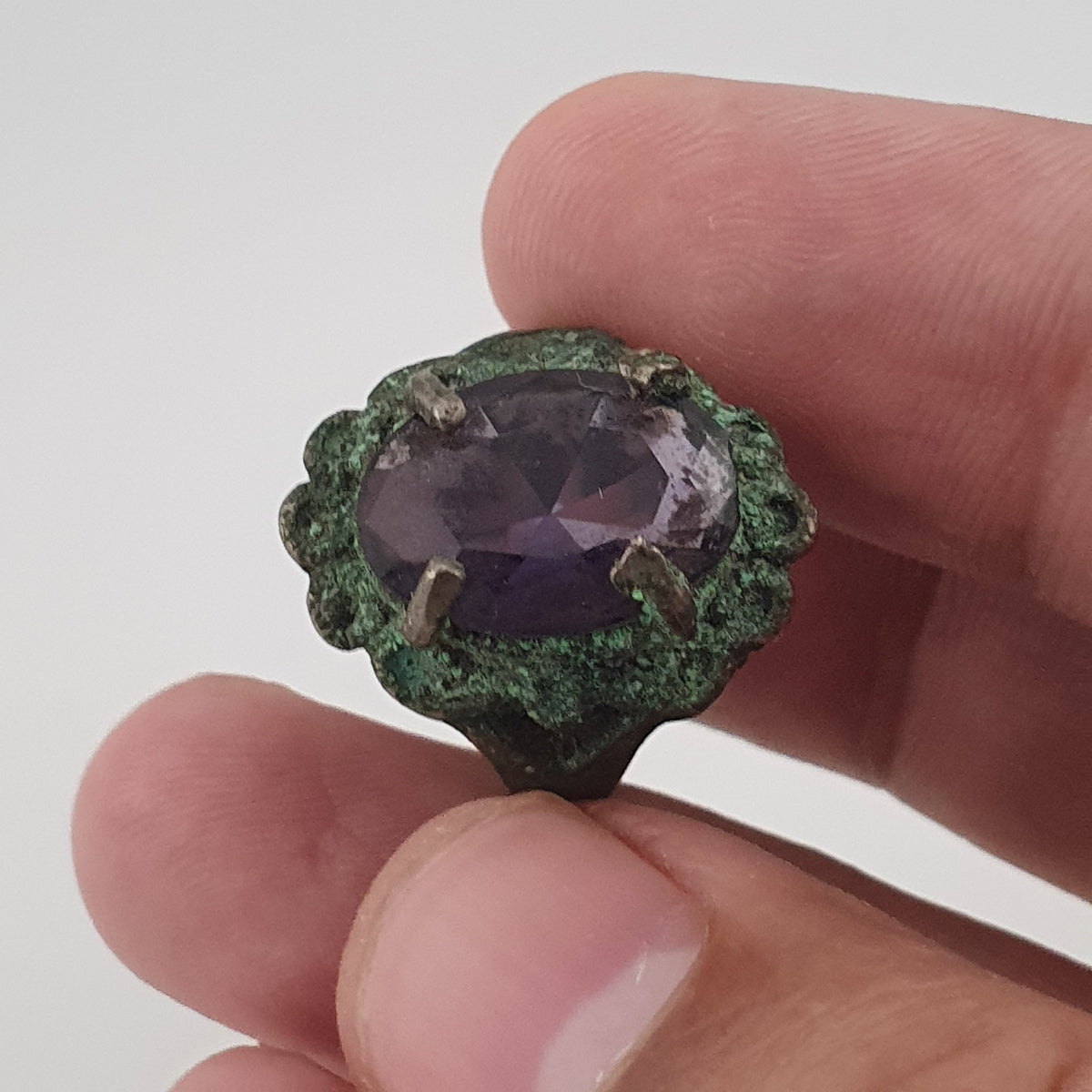 Rustic Ancient Brass Ring with Purple Amethyst