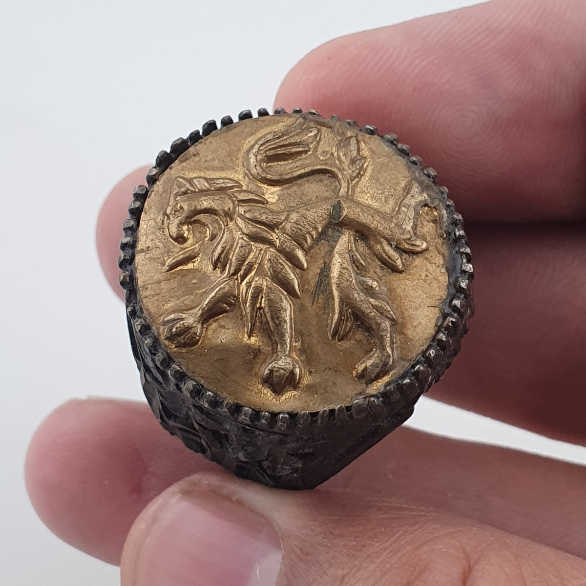 Ancient Brass Ring with Mythical Lion Engraving Rustic Statement Jewellery