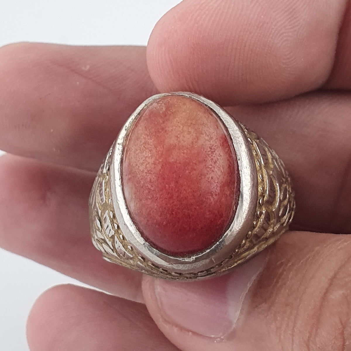 Antique Handmade Brass Ring with Natural Agate Stone Rustic