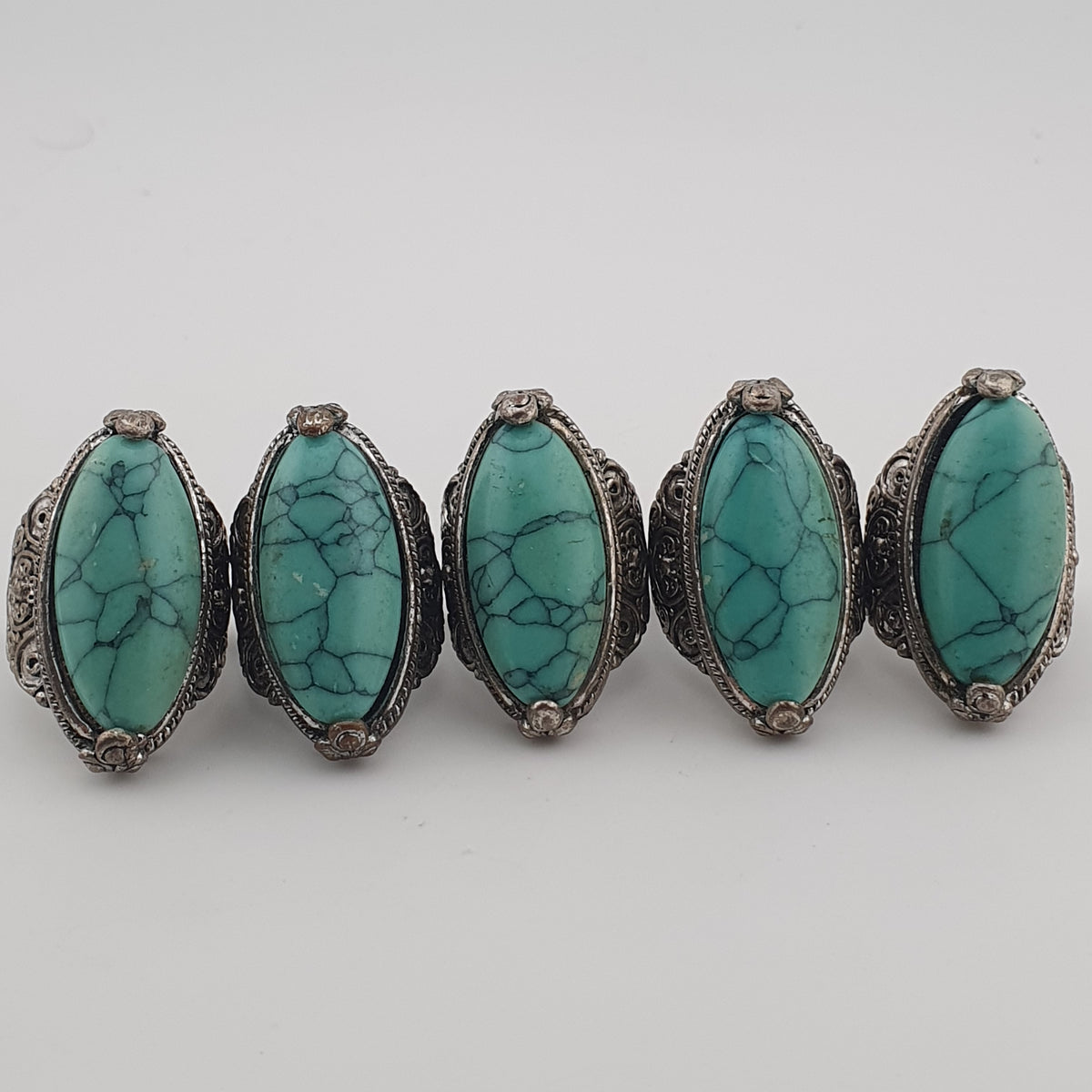 Antique Style Lot of 5 Brass Rings with Turquoise Howlite Stones