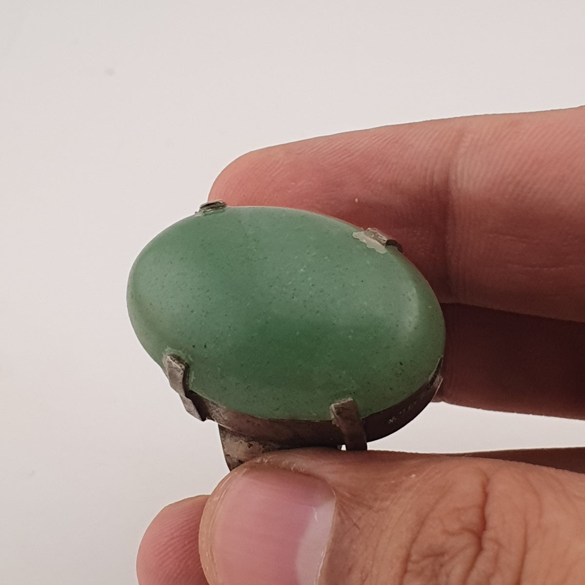 Antique Chunky Brass Ring with Oversized Jade Gemstone