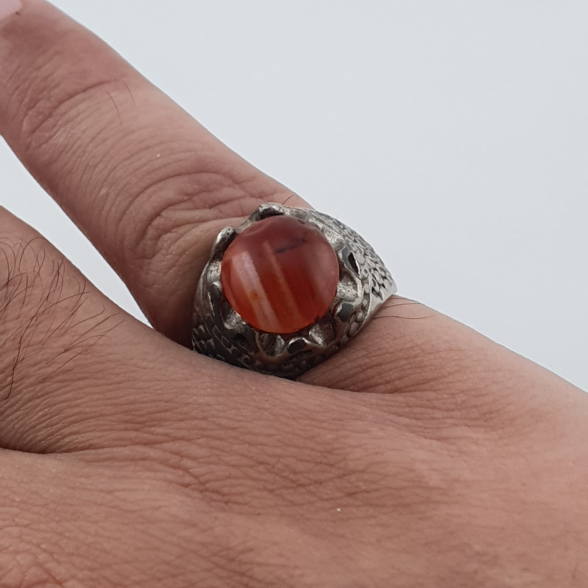 Vintage Traditional Brass Ring with Agate Stone Rustic Artisan Statement Ring