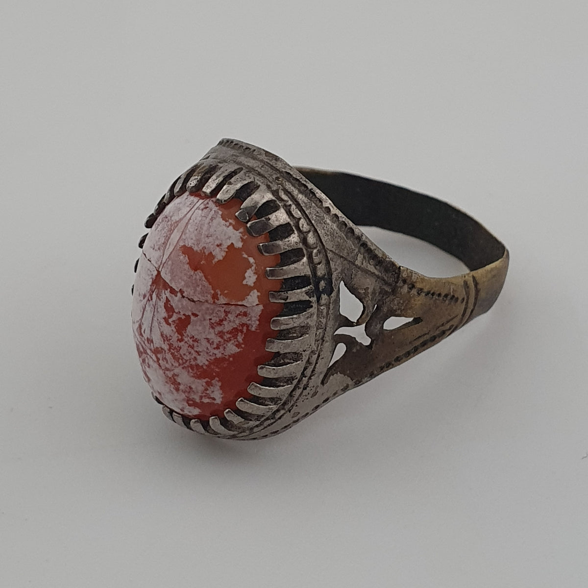 Ancient Handmade Brass Ring with Patina Agate Stone
