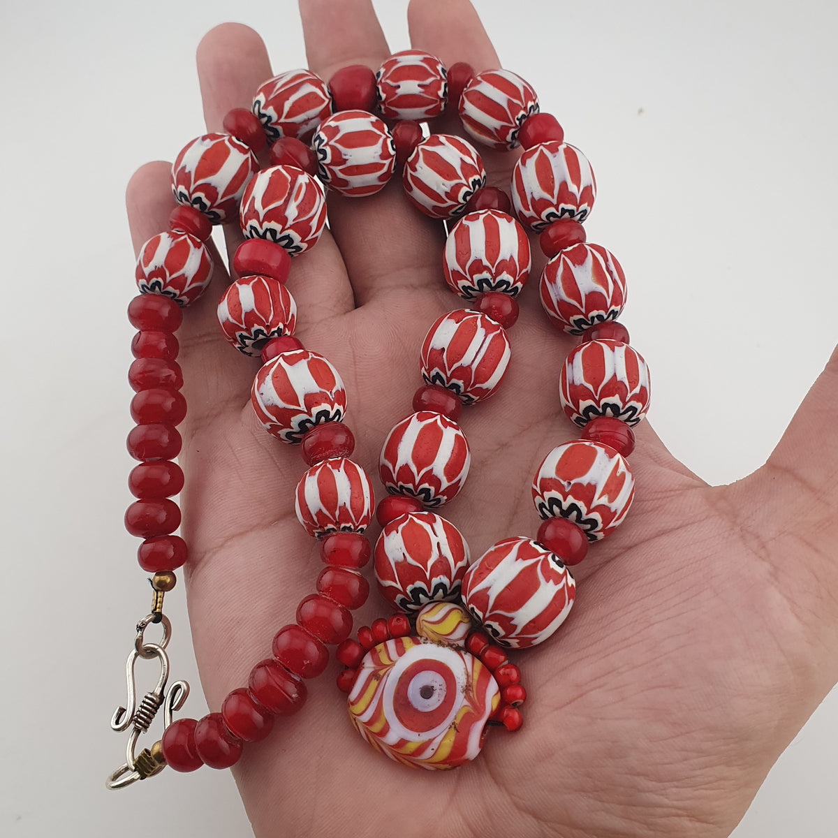 Vintage Venetian Style Chevron & Whiteheart with Eye Old Glass Pendant Necklace