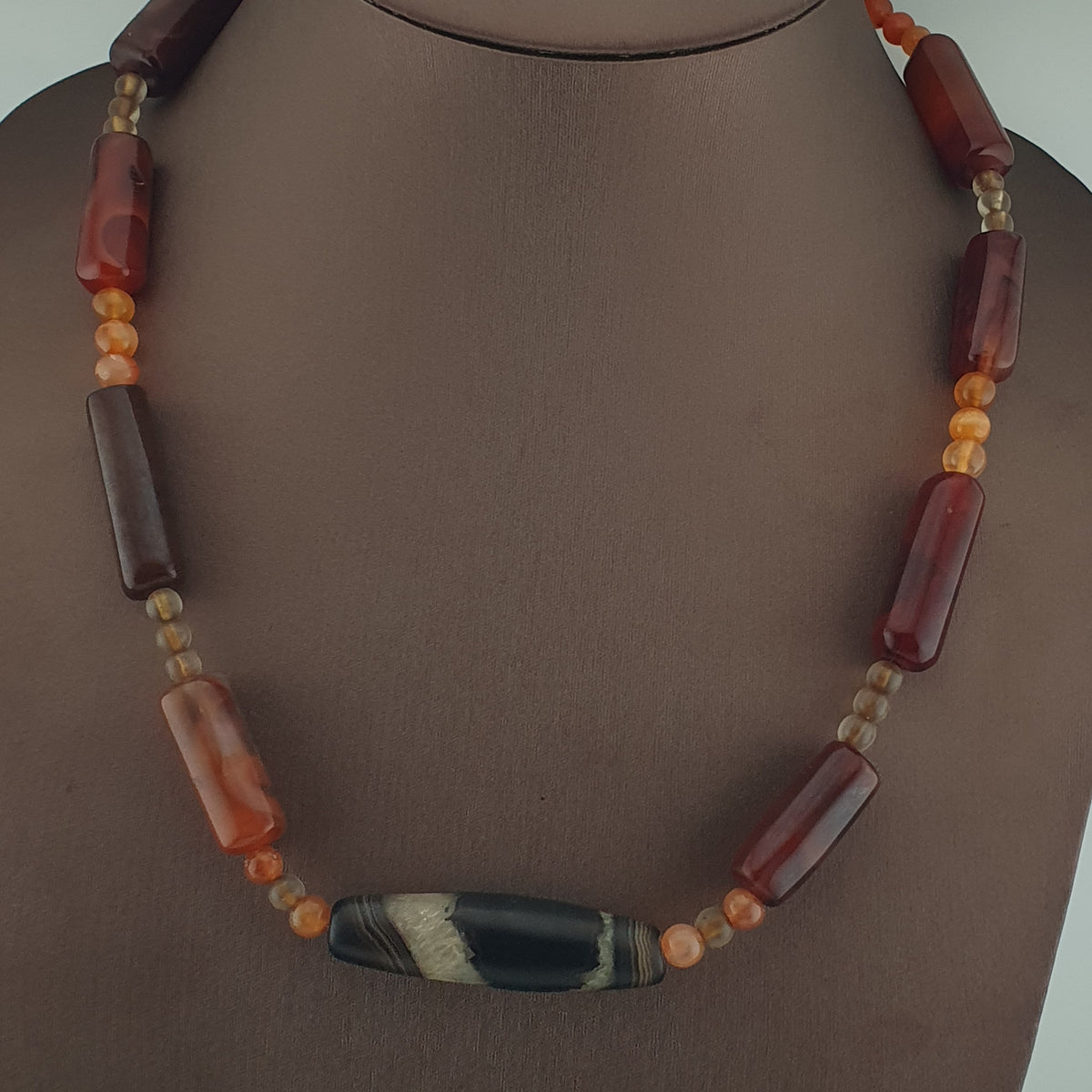 Vintage African Cylinder Shape Carnelian Agate With Natural Himalayan Eye Agate Pendant Necklace