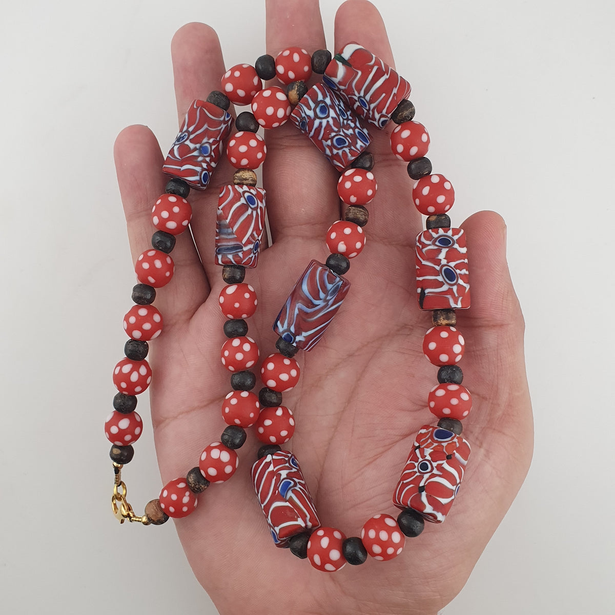 Vintage Venetian Style Dotted Red Glass & Cyliner Shape Gabri Eyes Glass Beads Necklace