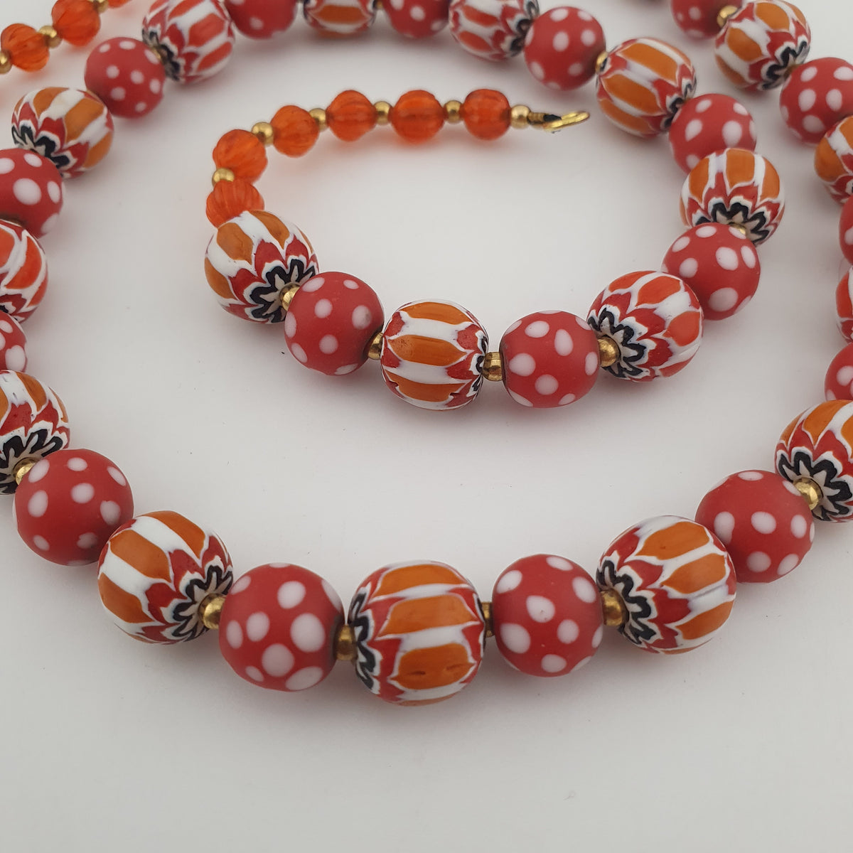Vintage Venetian Style Red Dotted & Orange Chevron Glass Beads Necklace