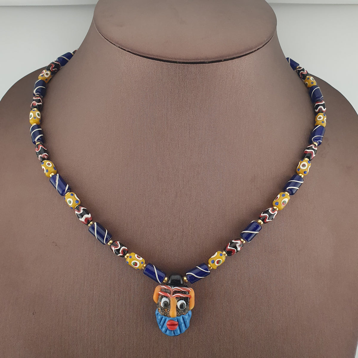 Vintage Tiny Eyes & Trade Glass With Old Face Glass Pendant Necklace