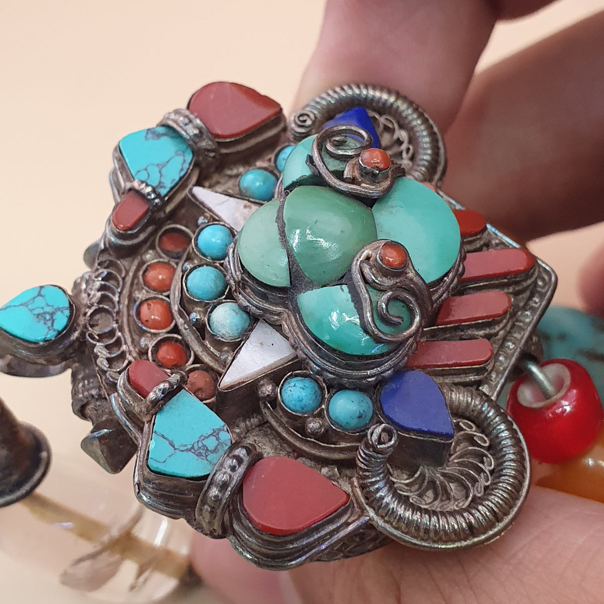 Antique Tibetan Style Turquoise & Carnelian Beads Necklace with SilverOld Face Design Pendant