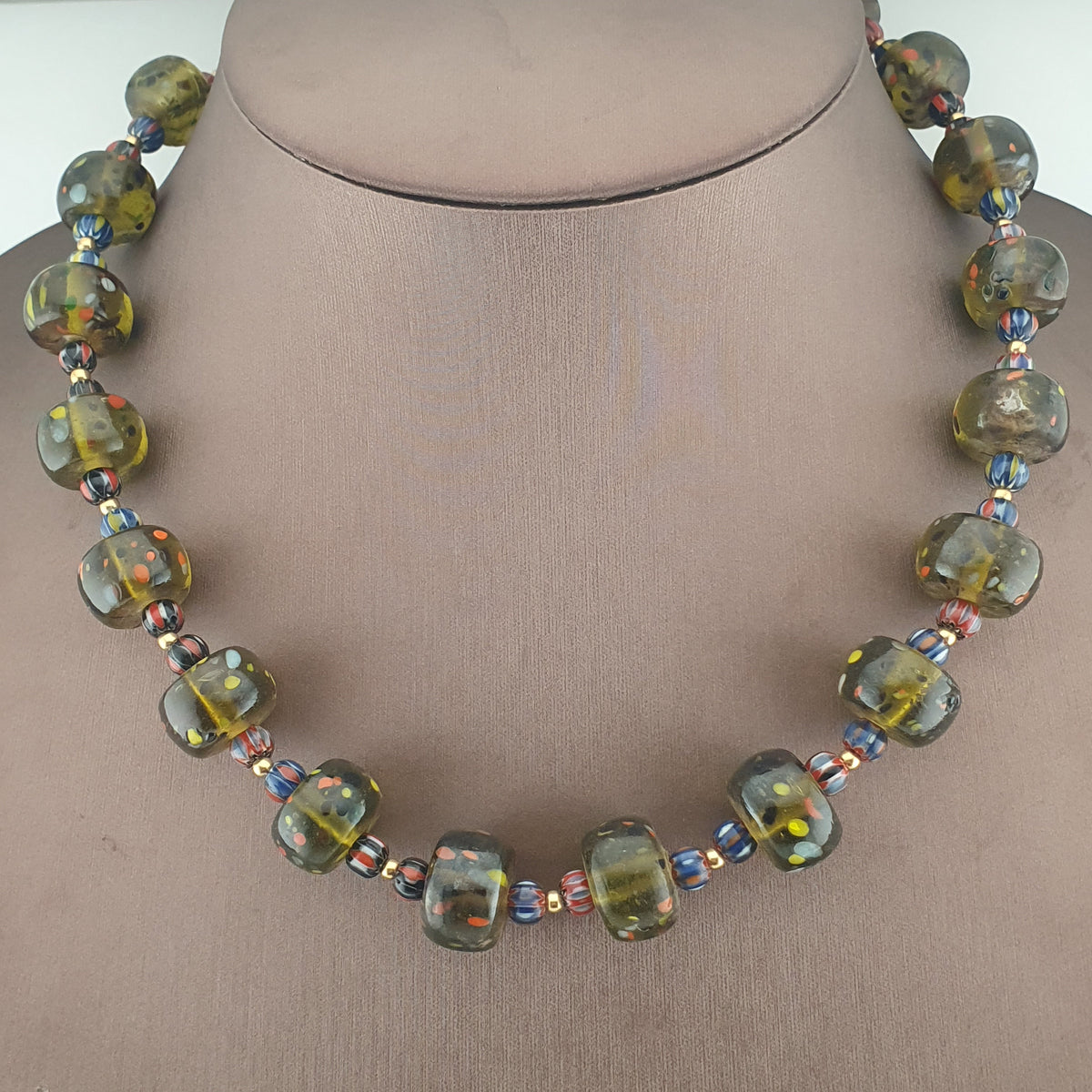 Vintage Venetian Style Aveneturine & Chevron Glass Beads Necklace