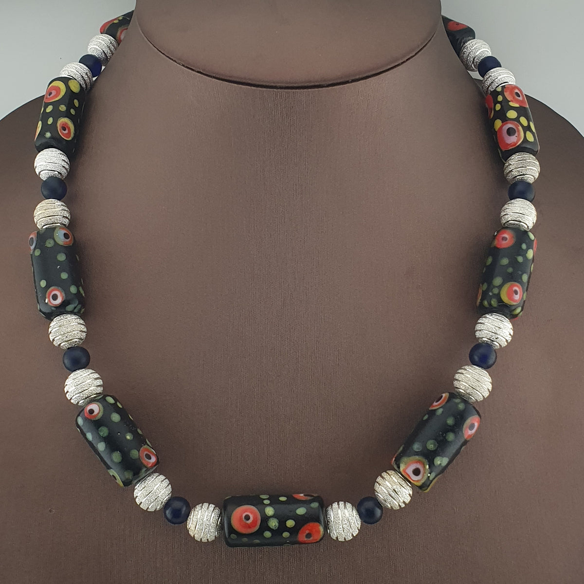 Vintage Venetian Style Eye Trade Glass, African Blue & Brass Bead Necklace