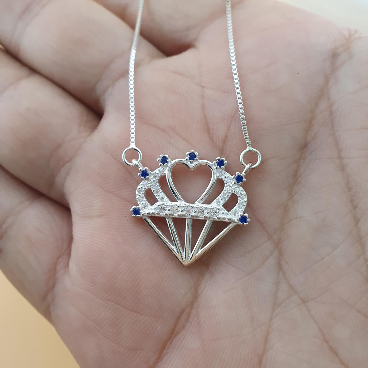 Collier Cœur Couronne en Argent Sterling avec Zircons Cubiques Bleus et Blancs