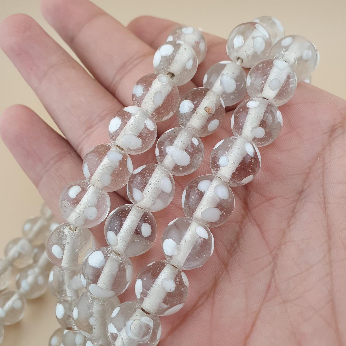 Vintage Clear White Dotted Glass Beads Strands 12-13mm Beads Length 22 inches