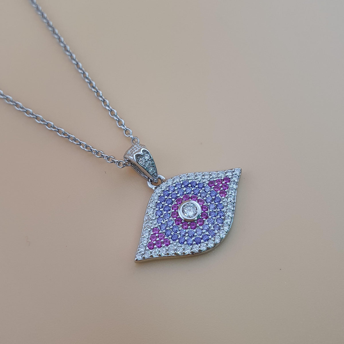 Sterling Silver Evil Eye Necklace: Purple & White CZ Charm