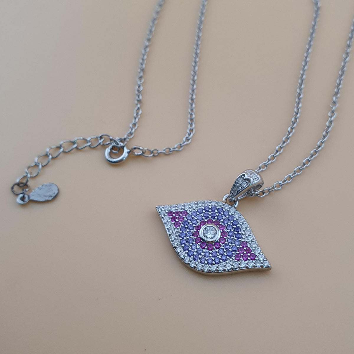 Sterling Silver Evil Eye Necklace: Purple & White CZ Charm