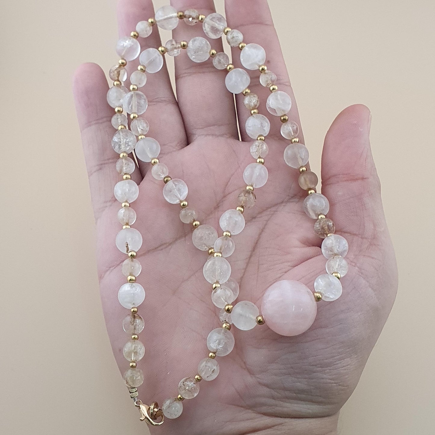 Vintage Himalayan Quartz with Rosary Big Quartz Pendant Beaded Necklace