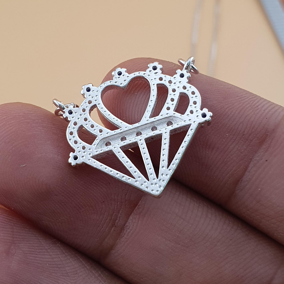 Sterling Silver Heart Crown Necklace with Blue & White CZ