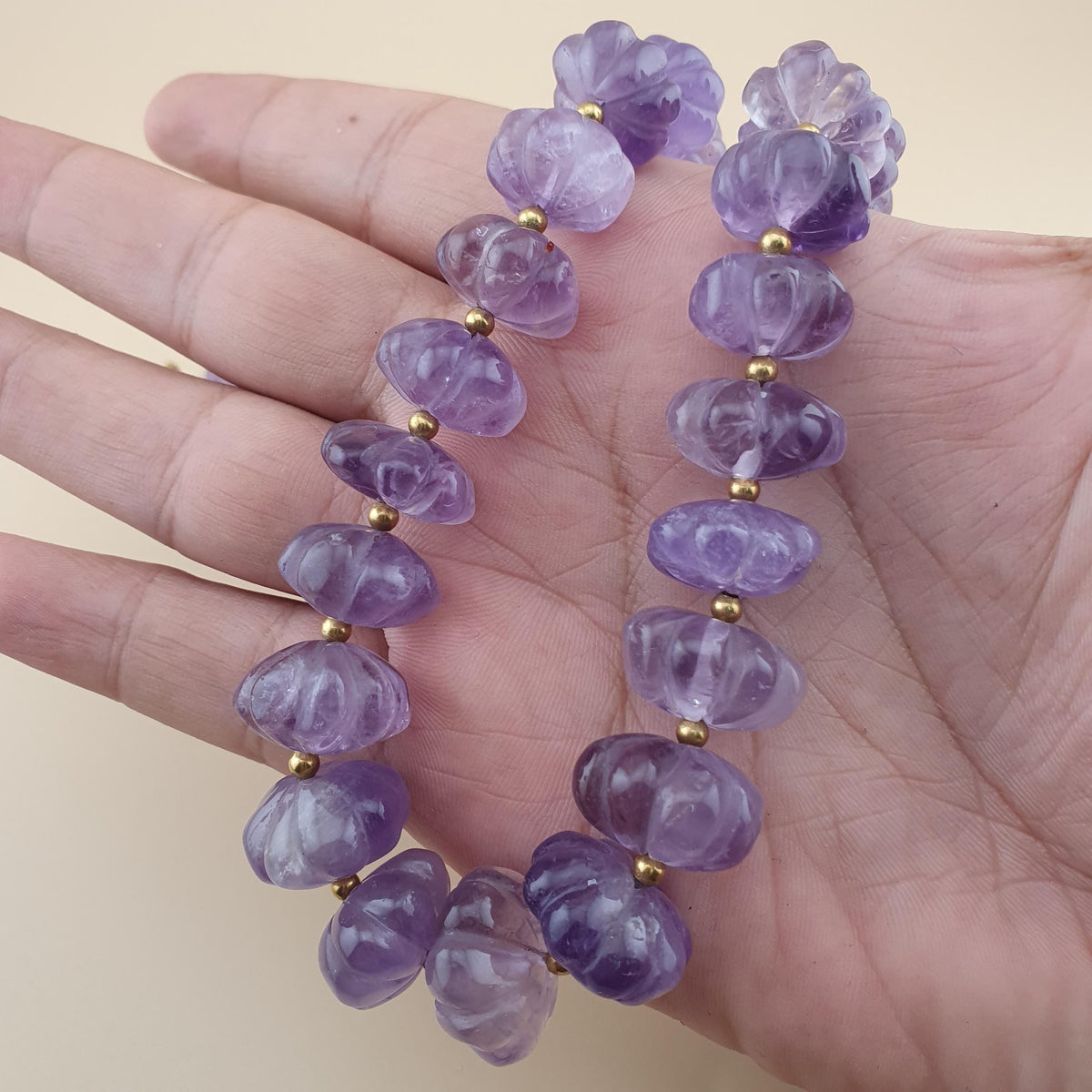 Vintage Amethyst Bead Necklace: Melon Shape Purple Gemstone, 22 Inch