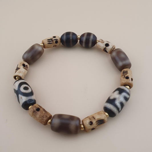 Vintage 2 Eyes Himalayan Tibetan Agate & Unique Pattern Agate Beads Bracelet
