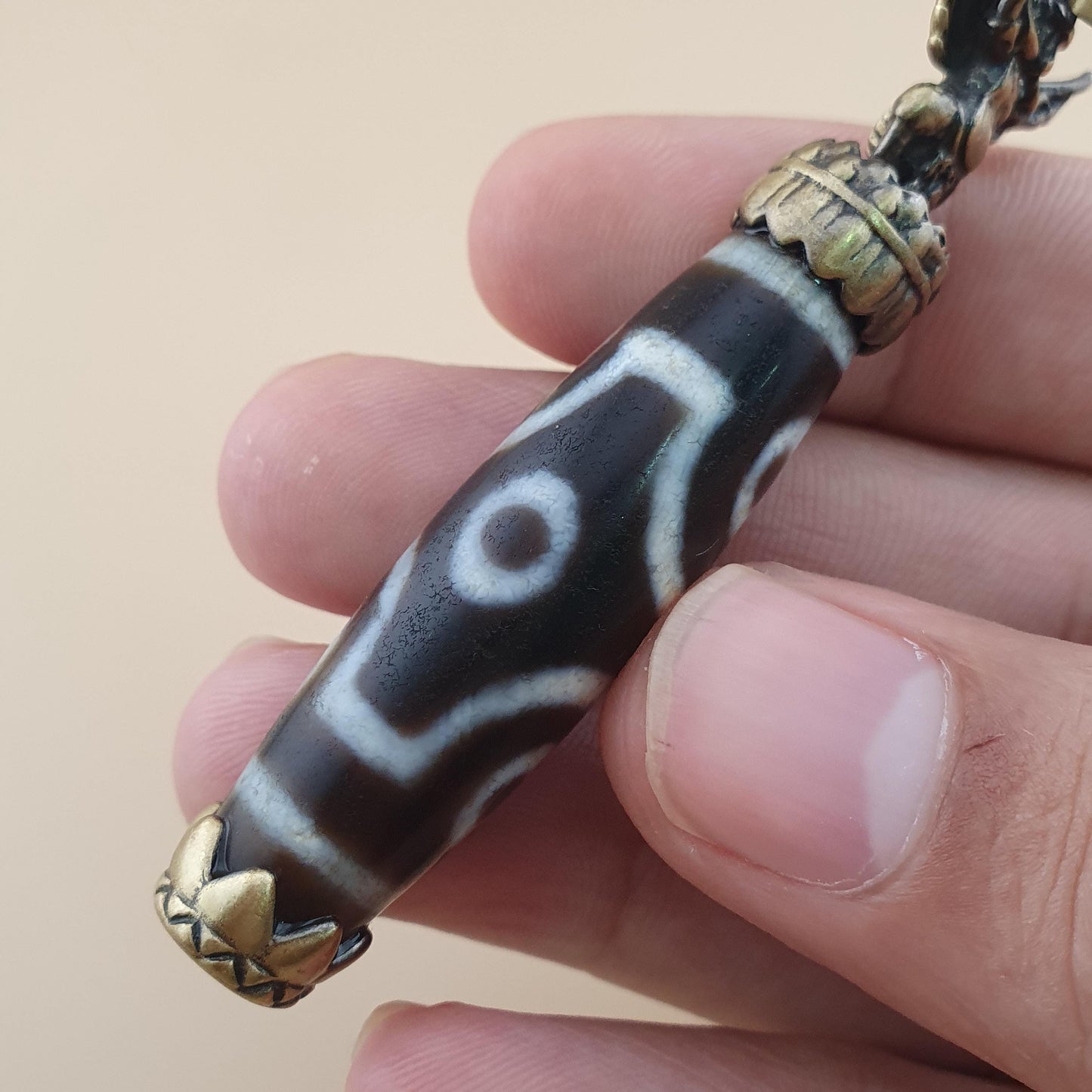 Vintage 6 Augen Himalaya Tibet Achatperle Messing Anhänger