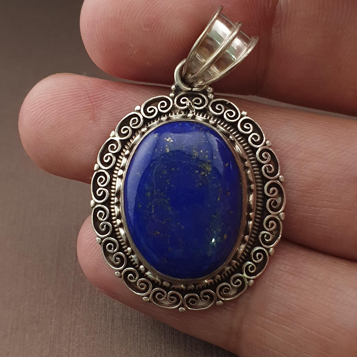 Handmade Lapis Lazuli Pendant, 925 Sterling Silver Filigree